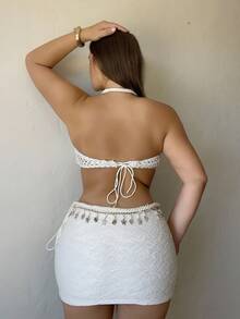 Nezia Cruz 2pcs Set: Rope, Starfish & Shell Pendant Decorated Cropped Tank Top And Mini Skirt - Apricot - View 2