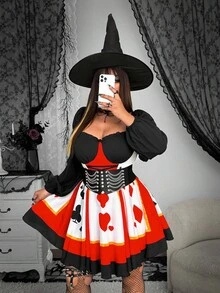 Whyspr Fall Autumn And Winter Grunge Punk Classic Playing Card Print Elegant Fitted Long Sleeve Dress - Black - View 3