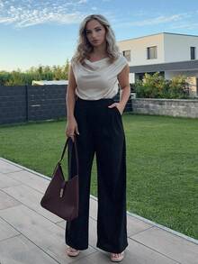 Jeta Ari Minimalist Elegant Glitch Pattern Sleeveless Satin Asymmetric Ruffle Collar Bodysuit, Suitable For Dates, Commuting, Workwear, Graceful Chic - Apricot - View 5