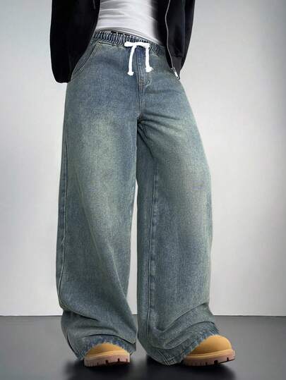 青少年男孩时尚休闲 Y2K 复古酷炫街头返校学院风白色抽绳腰带松紧腰设计复古蓝色牛仔宽松牛仔裤，适合儿童穿着，柔软舒适，适合日常穿着，也适合儿童秋冬季锐舞派对、节日和街头服饰，以及校园服装。