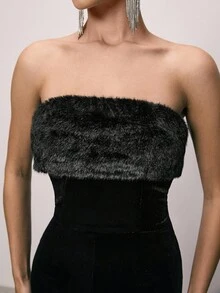 ATUI Studio Elegant Black Summer Night Out Off Shoulder Fuzzy Jumpsuit,Tight-Fitting Long Sleeve Sweater,Thermal Lined Thick Autumn/Winter Jumpsuit For Parties - Black - View 6