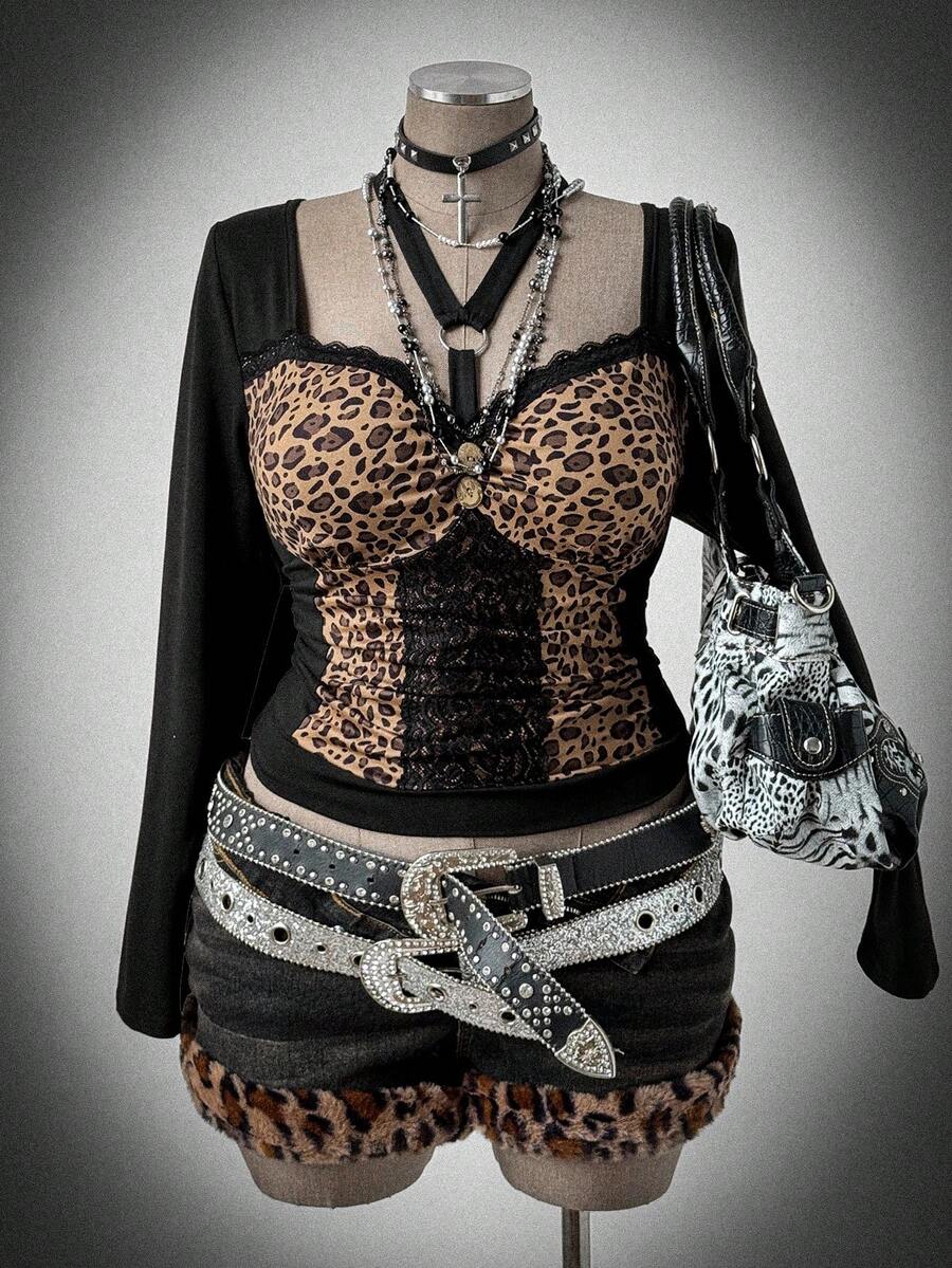 Sunspun Leopard Muster Patchwork Neckholder Langarm Oversize Damen T ...