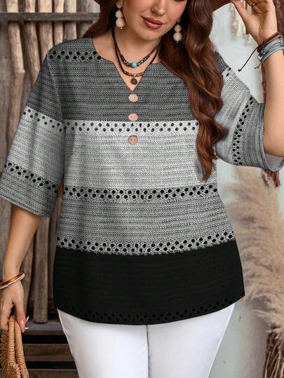 EMERY ROSE 大码女式休闲简约撞色V领短袖衬衫，适合夏季