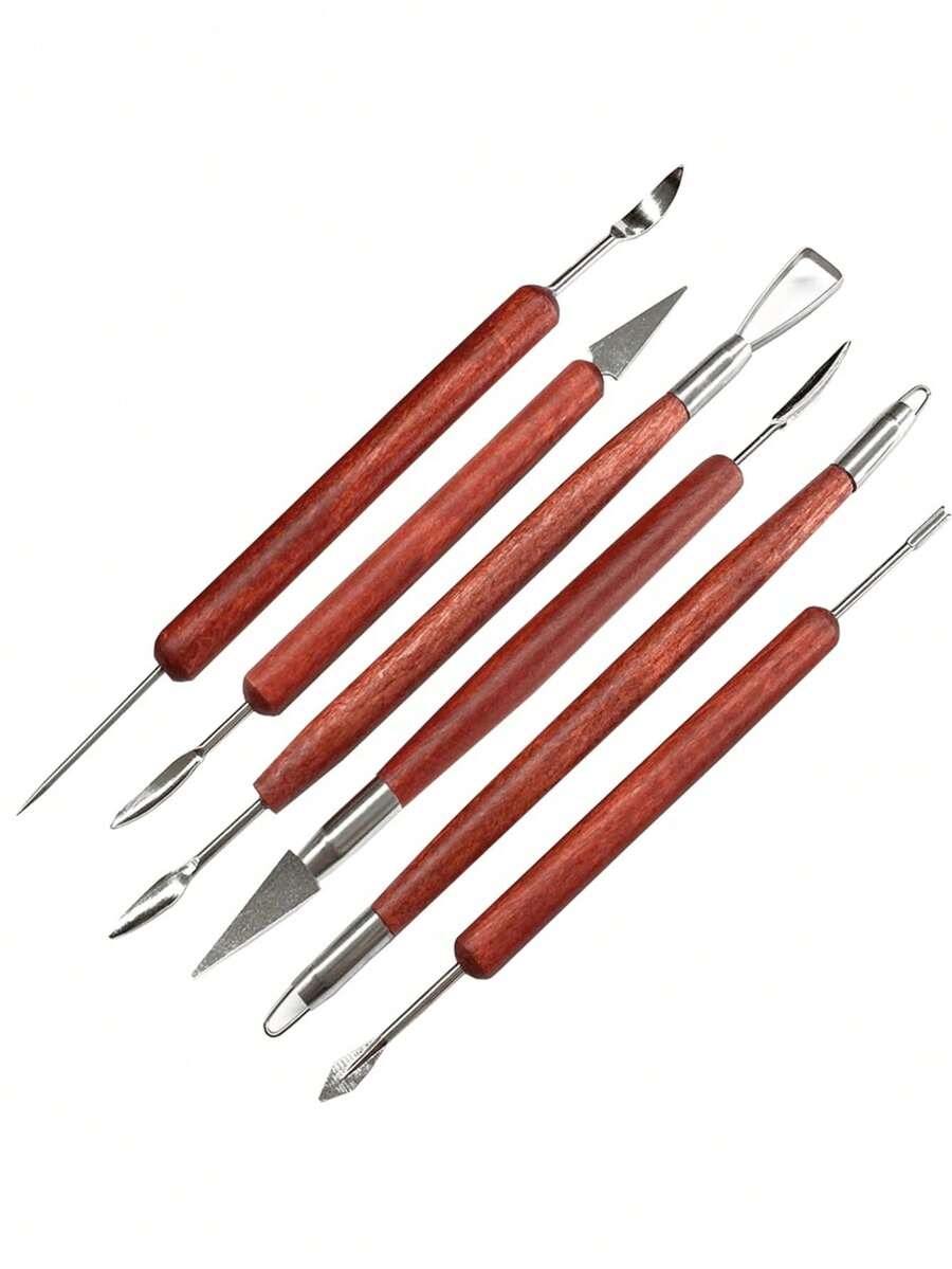 Clay Carving Tools, 6 Pieces Of Stainless Steel Polymer Clay Tools From Both Ends And Wooden Hands Used For Pressing And Carving, Tools And Supplies For Back To School