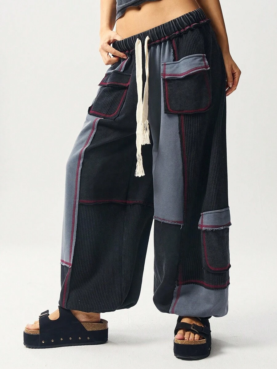 Bohemela Pantalones de chándal holgados de mujer con cordón y parches de punto - Negro - Ver 1