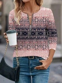 EMERY ROSE Kaos Kasual Lengan Panjang Leher Bulat Motif Bunga Ukuran Besar untuk Wanita, Kaos Grafis Musim Semi Musim Panas untuk Wanita - MultiWarna - View 3