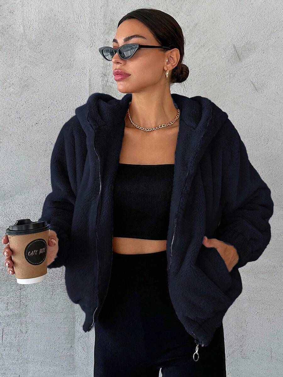 EURMUSE Zip Up Hooded Fleece Jacket - Black - View 1