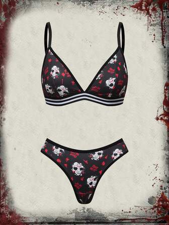 Friday the 13th X ROMWE Conjunto de lencería para mujer con sujetador triangular inalámbrico