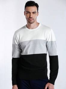 Manfinity CityGents 男士休闲撞色长袖圆领毛衣，秋季男士休闲上衣，男士毛衣，男士长袖T恤，男士黑白毛衣，男士长袖毛衣 - 黑色 - 查看 3