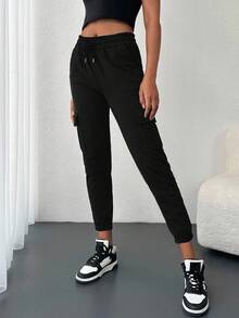 EURMUSE Women's Casual Fashion Street Style Simple Solid Color Drawstring Waist Flap Pocket Sweatpants