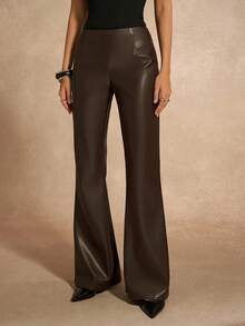 Almamuse 女式复古修身喇叭低腰PU裤，修身通勤裤 - 棕色 - 查看 1