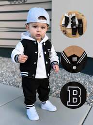 SHEIN Conjunto informal de chaqueta estampada con letras y pantalones de unicolor para recién nacidos, estilo universitario