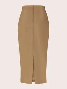SHEIN Clasi Falda de cuero sintético fruncida de unicolor para mujer - Caqui - Ver 2