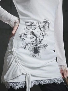 Bloopia Alternative Fashion Halloween Niche Subculture, Wasteland Style, Slim Fit Hooded 2 In-Print Dress Spliced Lace Printed Dress - trắng - Xem 3