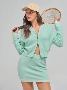 Menodora SHEIN Sport Women Solid Color Zip-Up Long Sleeve Top And Striped Print Skirt Sweater 2 Pieces Set Autumn Winter Clothes For Women - Green - View 4