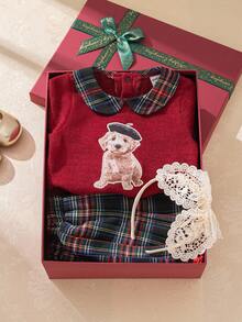 Souflis Souflis Conjunto de 2 piezas de niña pequeña con camiseta de manga larga con estampado de animales y falda plisada a cuadros, adecuado para la escuela, salidas y juego, otoño/invierno