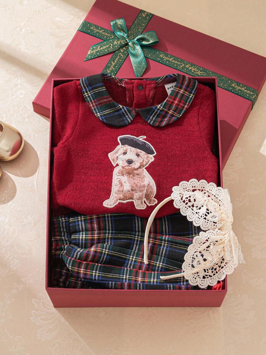 Souflis Souflis Conjunto de 2 piezas de niña pequeña con camiseta de manga larga con estampado de animales y falda plisada a cuadros, adecuado para la escuela, salidas y juego, otoño/invierno