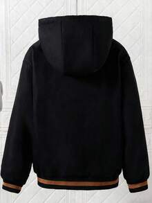 Girls' Solid Color Zip-Up Jacket With Thermal Lining And Embroidered Decor, Comfortable And Versatile Autumn/Winter Outerwear - Brown - View 2