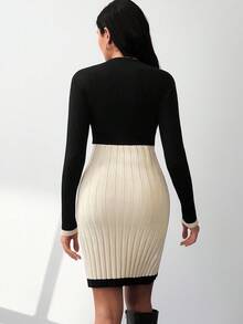 SHEIN Gaun Sweater Lengan Panjang Elegan Berkerah Bulat dengan Potongan Pas Badan dan Motif Blok Warna untuk Ibu Hamil - Hitam - View 2