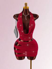 Amplova 女式水钻装饰两件套：性感低胸上衣和超低腰镂空蝴蝶结露背裙 - 酒紅色 - 查看 4