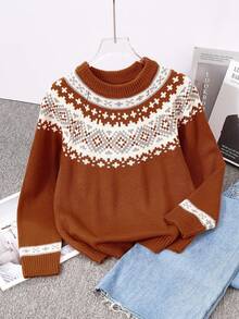 Elegant Patterned Crew Neck Long Sleeve Sweater For Tween Girls - Khaki - View 1