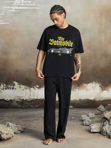 BATMAN X SHEIN Men's Summer Letter Graphic Top & Pants Loungewear Set - Black - View 3
