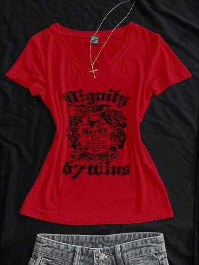 StreetHx Women's Summer V-Neck Tight T-Shirt, Punk Skull & Subculture Anime Print Short Sleeve V-Neck Top, Red