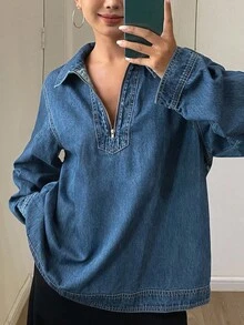 DAZY 女士宽松翻领休闲牛仔衬衫长袖 - 中等水洗藍 - 查看 4