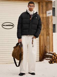 SWAVVY 男士冬季休闲经典字母刺绣高领保暖加厚外套 - 黑色 - 查看 4