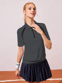 Gameset SHEIN Sport Women's Dark Grey Color Block Polo Collar Short Sleeve Sports Top,Summer Casual Golf Tennis Gym Blouse,Athletic Skirt Golf Tops - Grey - View 6