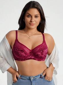 SHEIN Sujetador con aros y encaje de talla grande para Navidad - Burdeos - Ver 3