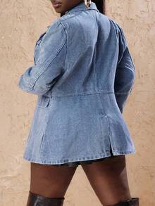 Slaydiva Plus Size Elegant Button Front Long Sleeve Denim Jacket - Blue - View 2