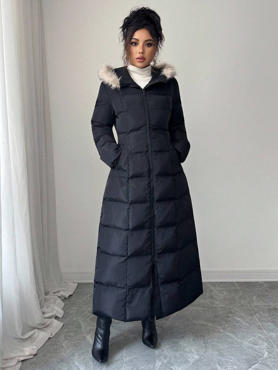 Firerie A Shape Silhouette Zip Up Hooded Fur Collar Padded Long Extra Warm Winter Coat - Black - View 1