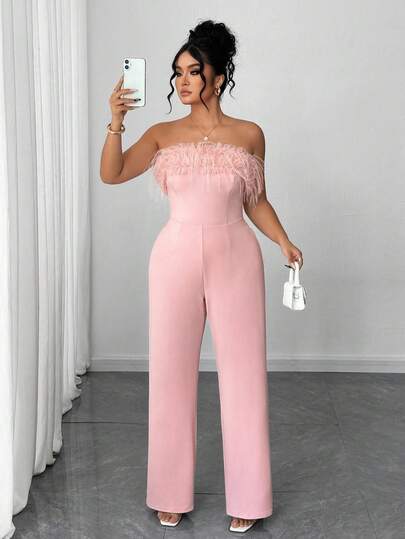 Elenzga 加大码纯色羽毛装饰露肩连体裤，优雅无袖合身