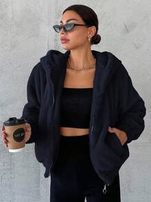 EURMUSE Zip Up Hooded Fleece Jacket - Black - View 6