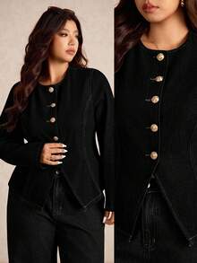 Elaquor Áo khoác denim dài tay màu trơn thường ngày cỡ lớn dành cho nữ - màu đen - Xem 2