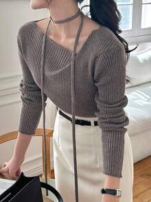 DAZY 女式斜肩圆领修身长袖柔软毛衣 - 棕色 - 查看 2