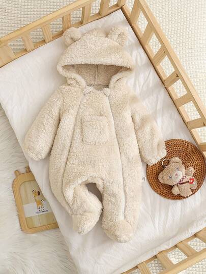 SHEIN Baby Mädchen Plüsch Ohr Tasche Kapuzen Langarm Weich & Gemütlich Eleganter Romper, Gelb