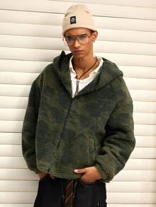 SWAVVY 男士时尚毛绒迷彩印花夹克，秋冬 - 軍綠色 - 查看 5