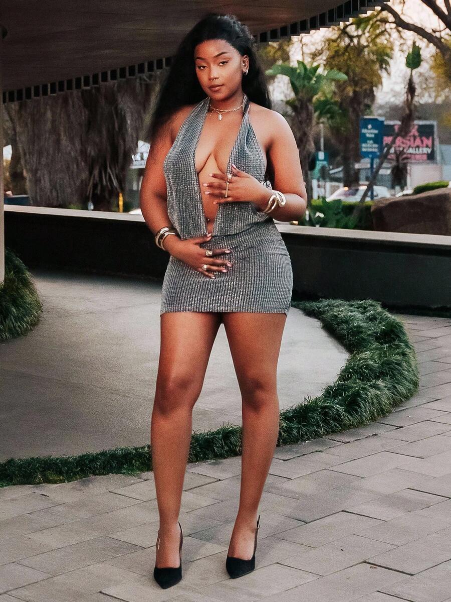 PeachySprinkles Women's Deep V Backless Halter Metallic Mini Dress