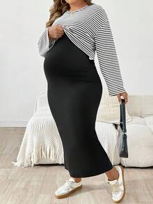 SHEIN 2pcs/Set Maternity Plus Size Striped Drop Shoulder Long Sleeve T-Shirt And Sleeveless Dress, Casual - Black - View 2
