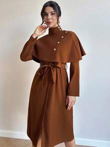 Firerie Women's Elegant, Refined, Dignified Daily, Street Fashion, Commute, Teacher Cape-Style With Belt, Metal Button Decor A-Line Mid-Length Camel Regular Coat, Autumn Winter For Women Coffee Brown French Style - Camel - View 2