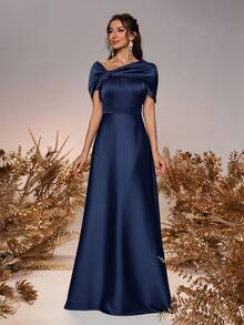 SHEIN Belle 女士优雅浪漫鼠尾草绿色缎面露肩扭结不对称蝴蝶结 A 字正式伴娘礼服，适合婚礼