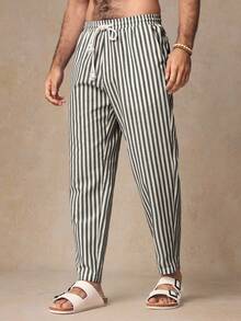 HIMLAND Men Casual Woven Vertical Striped Mid-Waist Drawstring Tapered Pants, Fall