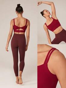 GLOWMODE FeatherFit™ Dual-Strap Knotted Back Sports Bra Low Impact Yoga Pilates Daily Removable Cups - Maroon - View 7