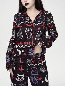 ROMWE Women's Gothic Christmas Skeleton Deer Coffin Cobweb Snowflake Bat Cross Moon Bone Long Sleeve Top & Pants Pajama Set Fall Winter Clothes - Black - View 2