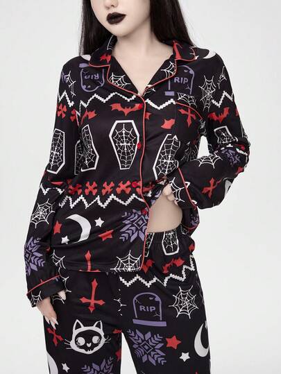 Goth Women's Gothic Christmas Skeleton Deer Coffin Cobweb Snowflake Bat Cross Moon Bone Long Sleeve Top & Pants Pajama Set Fall Winter Clothes