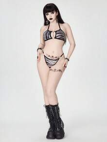 ROMWE Grunge Punk Bộ đồ lót Bralette và Quần lọt khe họa tiết ngựa vằn Punk hình trái tim khóa kim loại, gợi cảm - màu đen - Xem 7