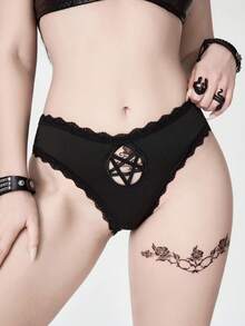 ROMWE Gothic Pentagram Hollow Lace Patchwork Sexy Women's Thong Panties - Black - View 1