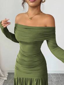 Elenzga 女式复古优雅露肩修身长袖针织连衣裙，秋冬装，万圣节 - 軍綠色 - 查看 5